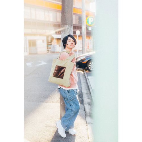 コーデュロイ×サテン トートバッグ/カーキベージュ