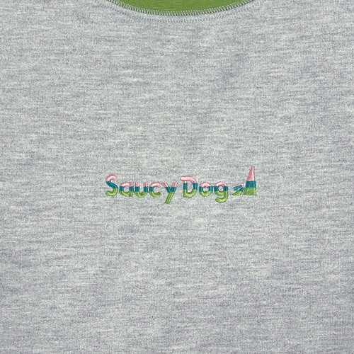 スリートーン刺繍リンガーロンT/グレー×グリーン