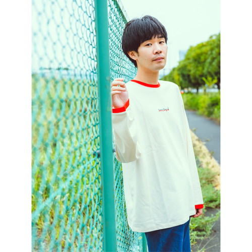 スリートーン刺繍リンガーロンT/グレー×グリーン