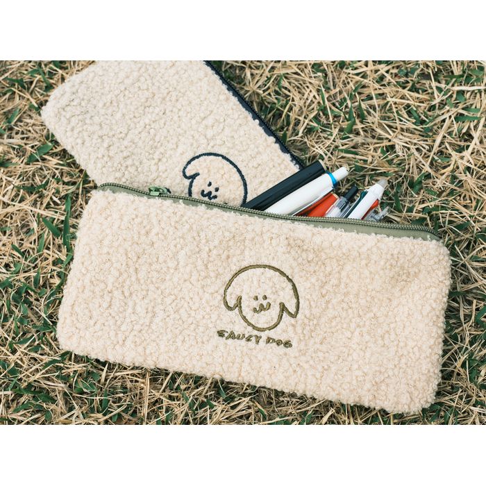 ふわふわペンケースポーチ/アイボリー×ネイビー