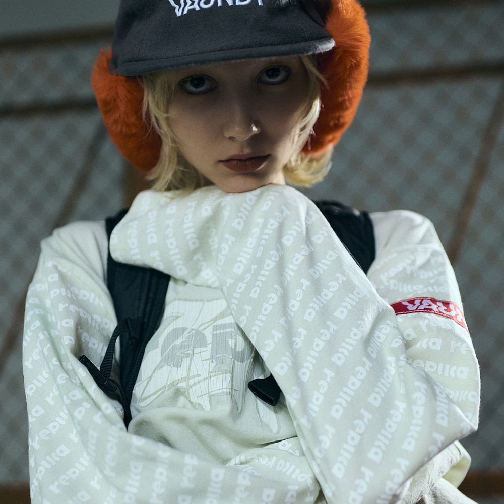 Long Sleeve Patterned T-shirt “replica ZERO”[Light Gray]