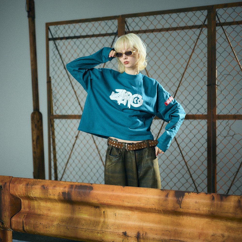 Long Sleeve Patterned T-shirt “replica ZERO”[Blue Green]