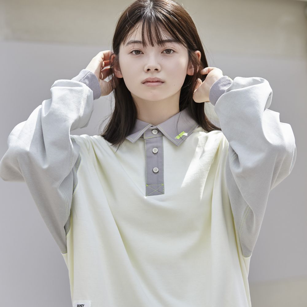 【Limited】Long Sleeve Polo Shirts “SHINKOKYU”[White x Light Gray ]