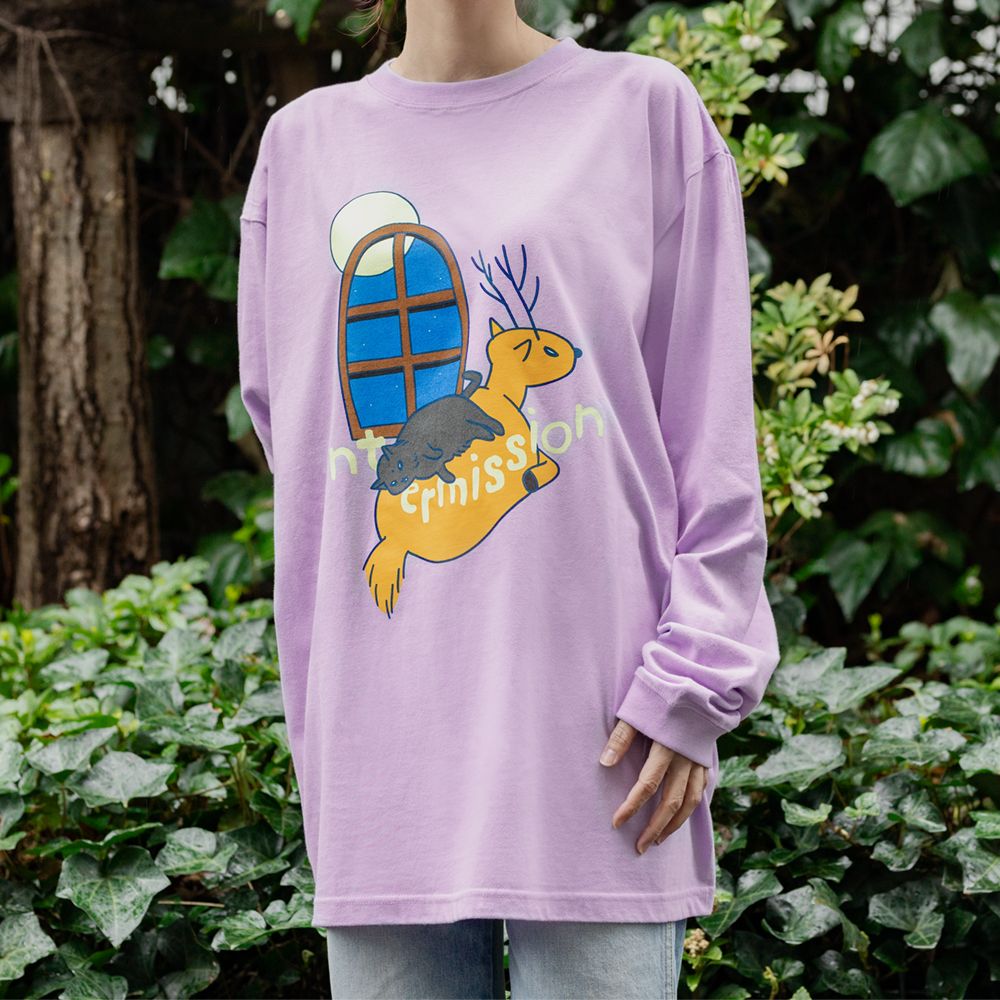 suisデザイン「月と猫のダンス(踊らない)」ロングTシャツ〈ぽっぷ〉