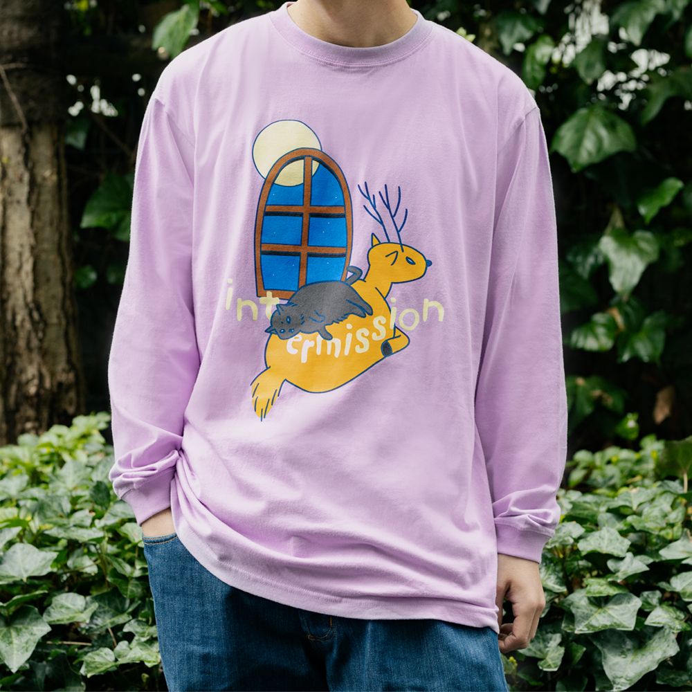 suisデザイン「月と猫のダンス(踊らない)」ロングTシャツ〈ぽっぷ〉